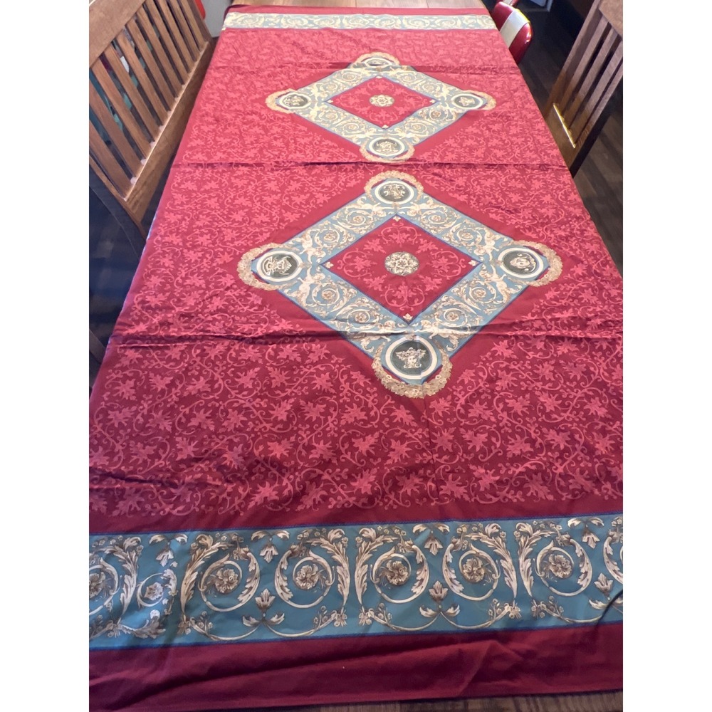 Beauville French Cherub Medallion Tablecloth Cotton Linen Burgundy Elegant 92x64